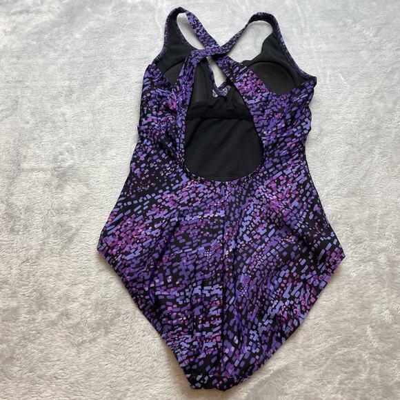 Speedo One Piece Surplice Swimsuit Womens 8 Purple Spotted Padded Bra Wrap - Picture 2 of 7